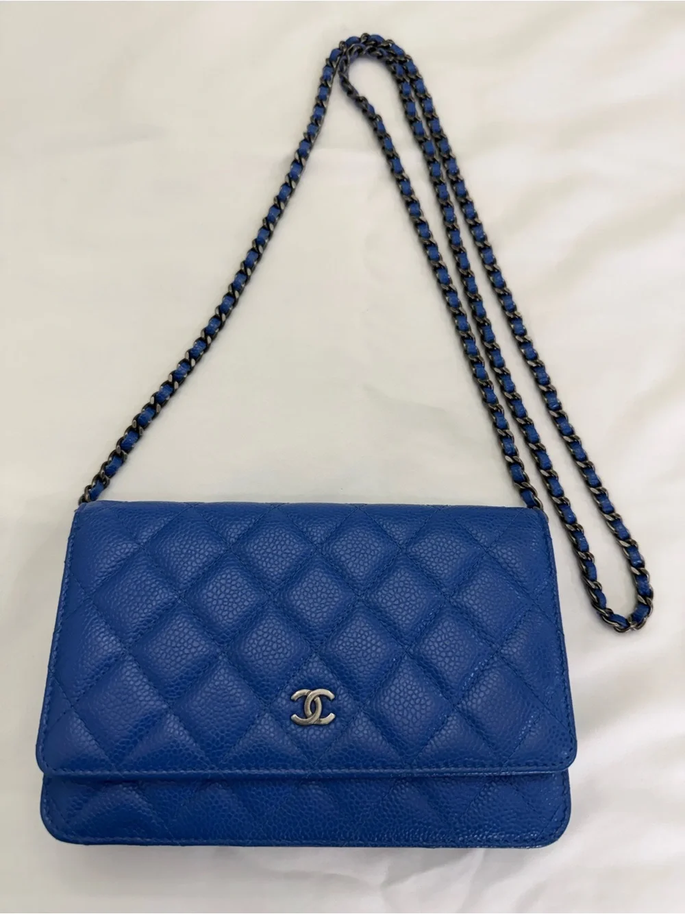 CHANEL Quilted Caviar Leather Wallet in Royal Blue with Gold CC